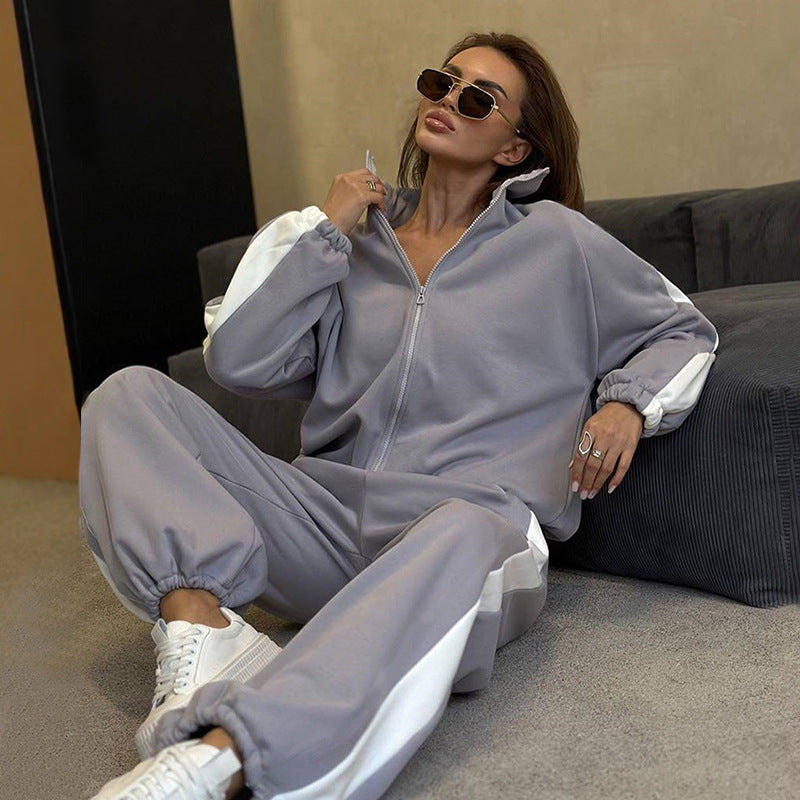 Damen Velours-Loungewear-Set mit Stehkragen, Zip-Jacke und weitem Palazzo-Hosenbein Drune