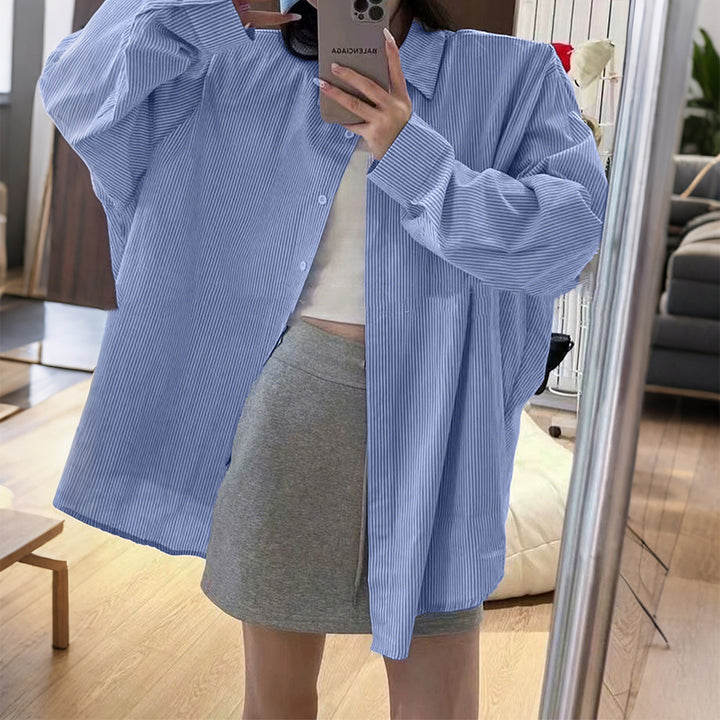 Damen nan oversized Hemd mit feiner Nadelstreifenstruktur, Kentkragen, abgerundetem Saum und geknöpften Manschetten Drune