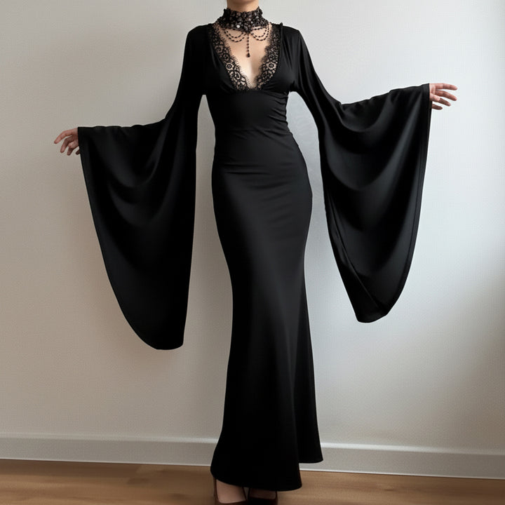 Damen Maxikleid mit tiefem V-Ausschnitt, Spitzenbesatz und dramatischen Wasserfallärmeln Drune