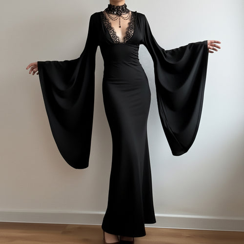 Damen Maxikleid mit tiefem V-Ausschnitt, Spitzenbesatz und dramatischen Wasserfallärmeln Drune