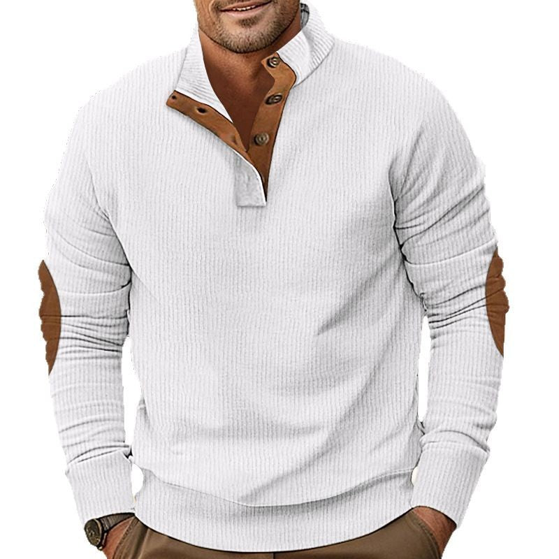 Herren nan geripptes Henley-Langarmshirt mit Stehkragen und Leder-Ellbogenpatches Drune