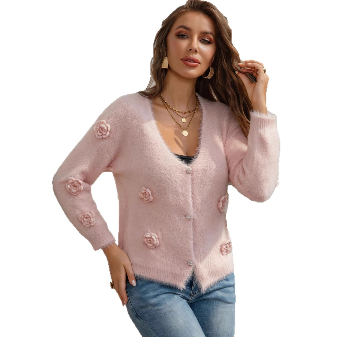 Damen Flauschige Strickjacke mit Blumen-Applikation und Perlenknöpfen Drune