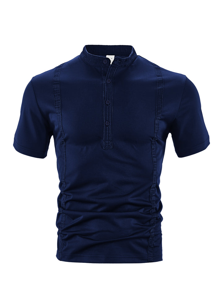 Herren nan Kurzarm-Stehkragenshirt mit verdeckter Knopfleiste, Zierpaspeln und figurbetonter Silhouette Drune