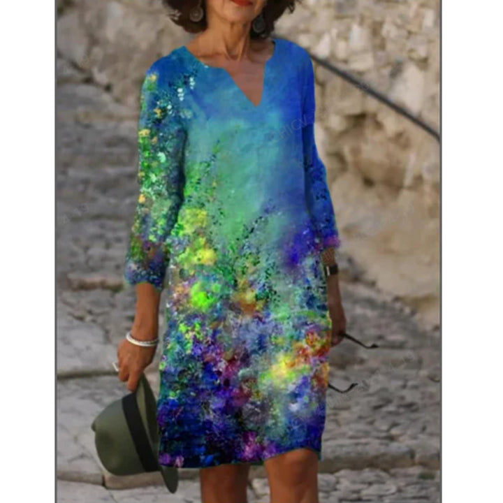 Damen Sommerkleid mit V-Ausschnitt und buntem Grafikdesign Drune