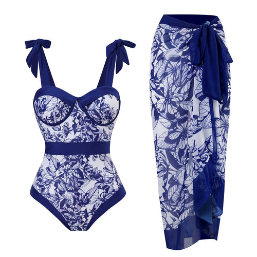 Damen Einteiler Badeanzug mit floralem Muster und passendem Wickelrock Drune