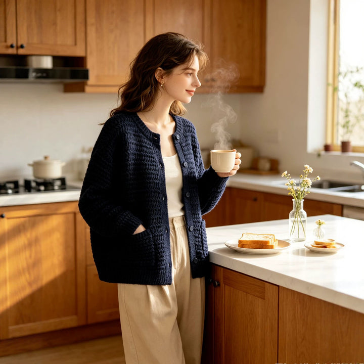Damen Grobgestrickter Oversize-Cardigan mit Knopfleiste und aufgesetzten Taschen Drune