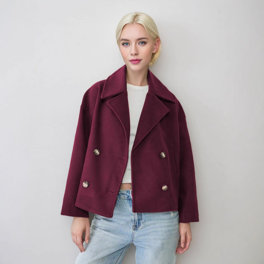 Damen nan kurzes doppeltreihiges Wollmix-Manteljacke im Boxy-Cut mit weitem Reverskragen Drune