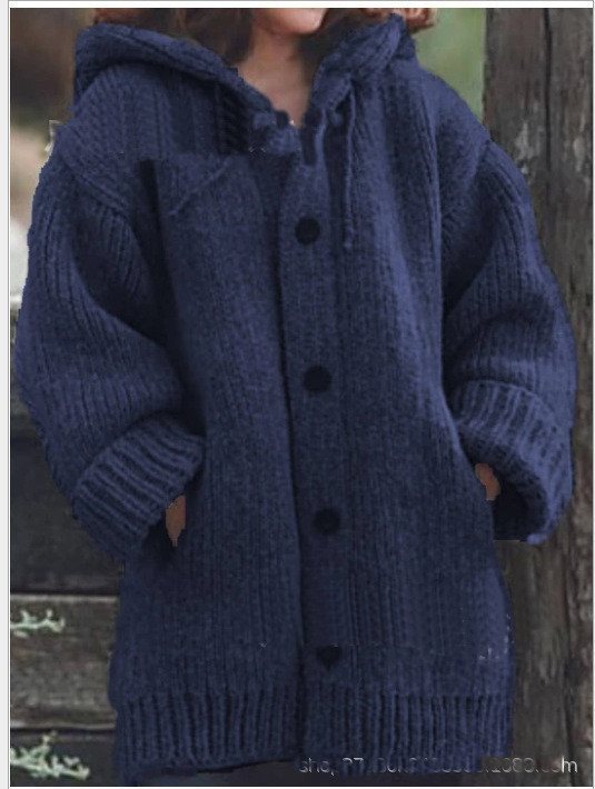 Damen weit geschnittener Kapuzen-Strickmantel mit Knopfleiste und Eingrifftaschen Drune