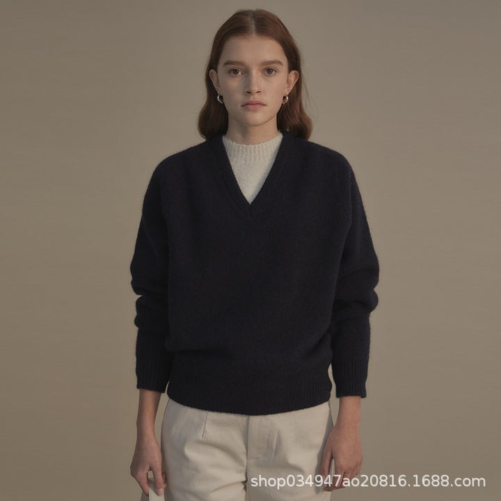 Damen hochwertiger V-Ausschnitt Pullover aus weichem Strick Drune