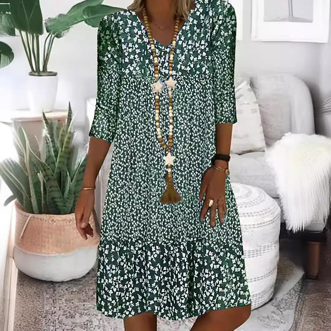 Damen Freizeit Stufen Kleid mit V-Ausschnitt und drei Viertel Ärmeln im floralen Allover-Druck Drune