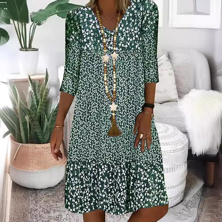 Damen Freizeit Stufen Kleid mit V-Ausschnitt und drei Viertel Ärmeln im floralen Allover-Druck Drune