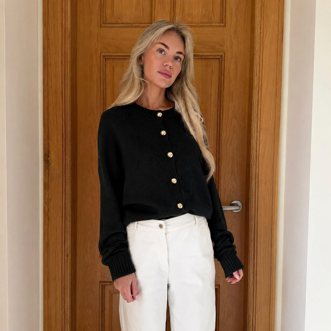 Damen kastiger Feinstrick-Cardigan mit goldfarbenen Zierknöpfen und gerippten Bündchen Drune