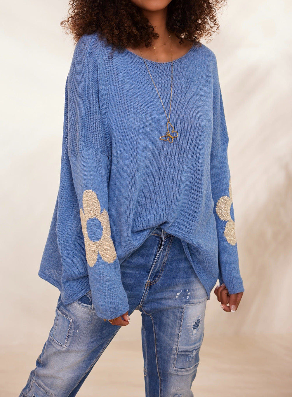 Damen modischer Strickpullover mit floralen Applikationen Drune