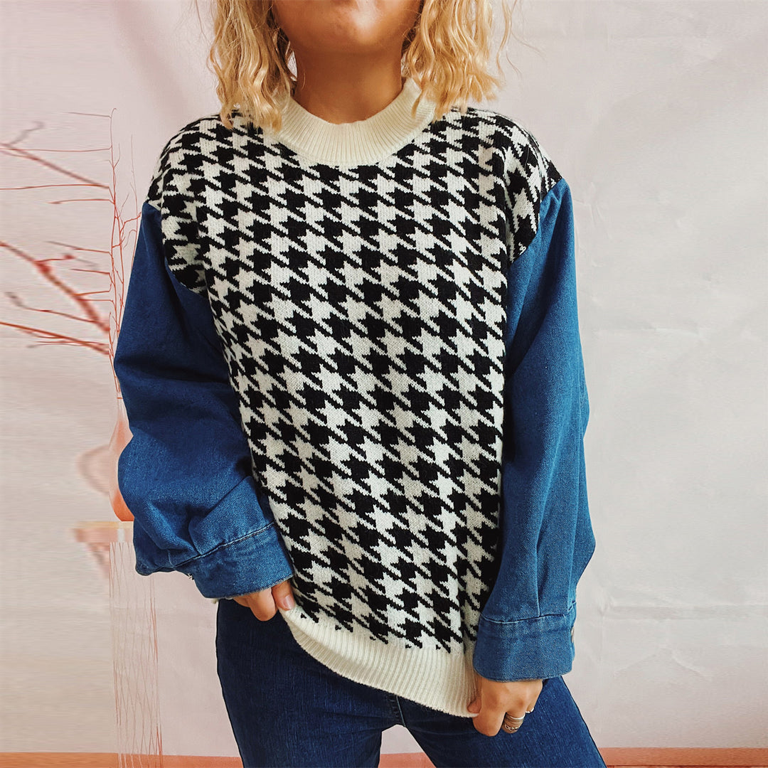 Damen lässiger Pullover mit modernem Hahnentrittmuster und Denim-Ärmeln Drune
