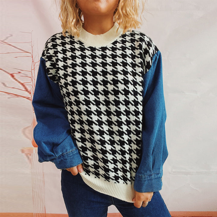 Damen lässiger Pullover mit modernem Hahnentrittmuster und Denim-Ärmeln Drune