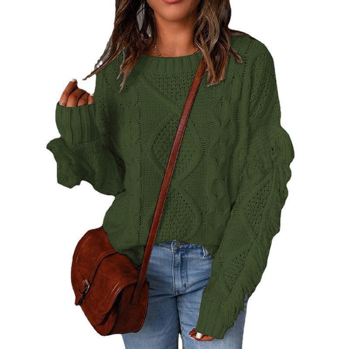 Damen Grobstrick-Pullover mit Zopfstruktur, fransigen Ärmeln und legerer Oversize-Passform Drune
