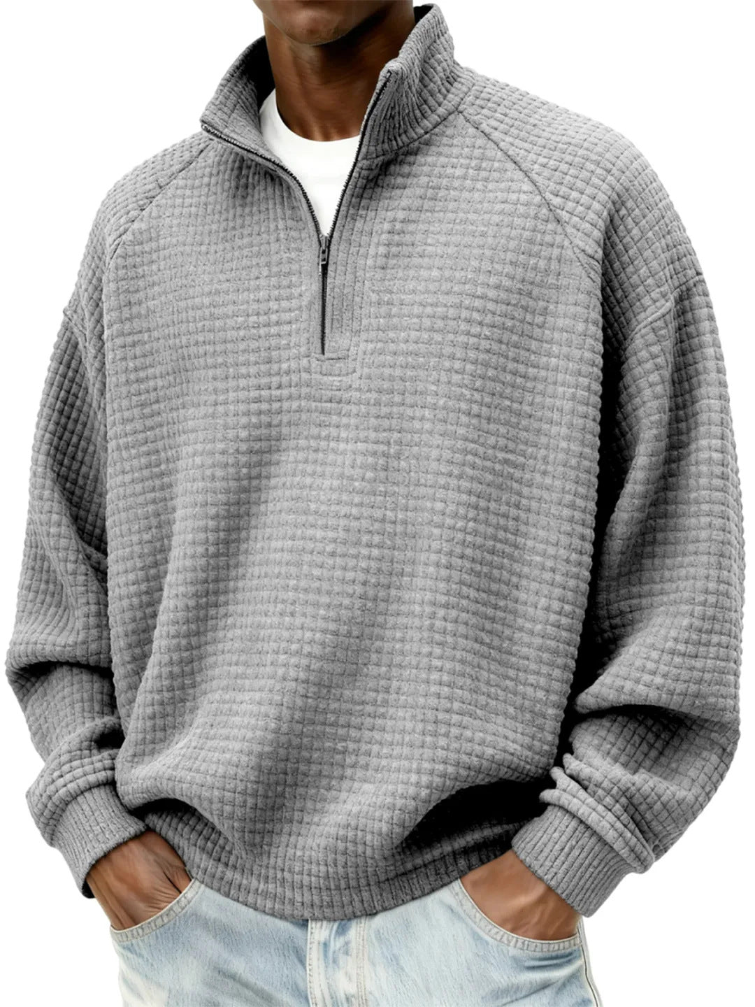 Herren Waffelstrick-Oversize-Pullover mit Halbreißverschluss und Stehkragen Drune