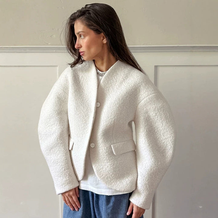 Damen Kurzjacke im Bouclé-Stil mit Oversize-Ärmeln und Pattentaschen Drune