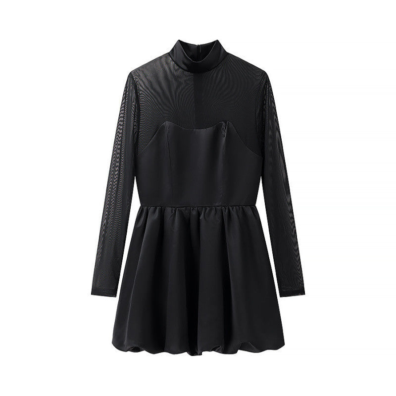 Damen kurzes Mesh-Overlay-Skaterkleid mit Stehkragen und taillierter Korsage Drune