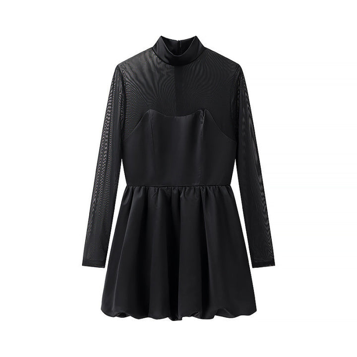 Damen kurzes Mesh-Overlay-Skaterkleid mit Stehkragen und taillierter Korsage Drune