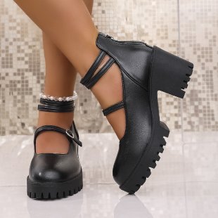Damen Mary-Jane-Schuhe mit profiliertem Plateau, klobigem Blockabsatz und verstellbaren Riemen Drune