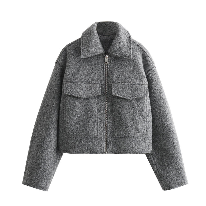 Damen Kurze Bouclé‑Jacke im Boxy‑Cut mit Reißverschluss und Pattentaschen Drune