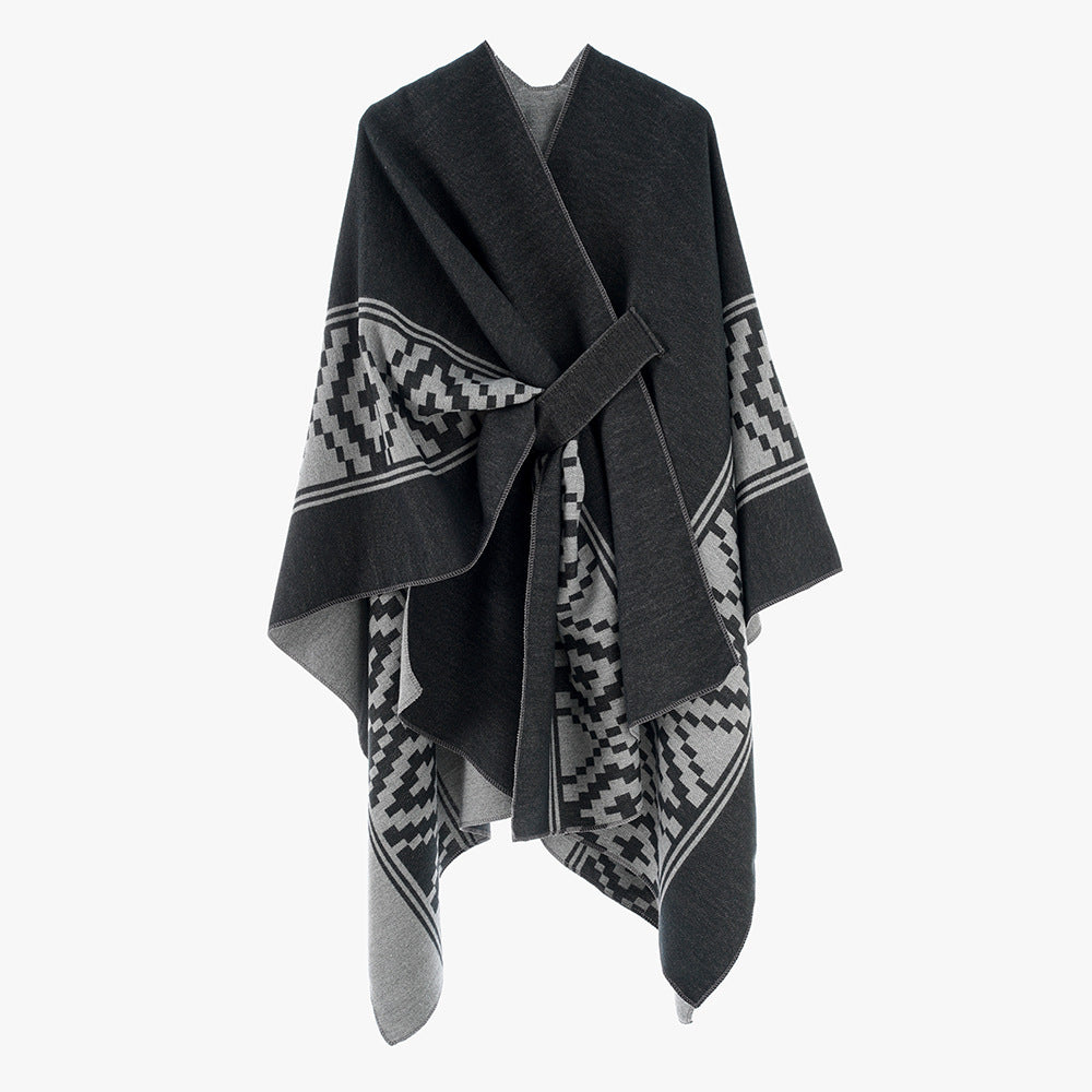 Damen Jacquard‑Ruana mit Bindegürtel und geometrischem Muster Drune