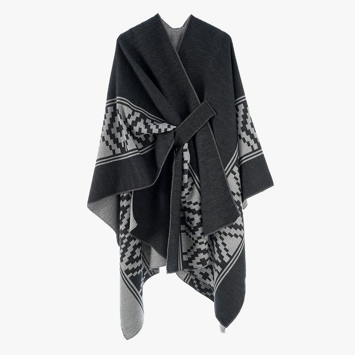 Damen Jacquard‑Ruana mit Bindegürtel und geometrischem Muster Drune