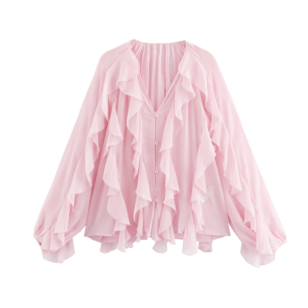 Damen nan feminine Chiffon-Volantbluse mit Ballonärmeln und V-Ausschnitt Drune
