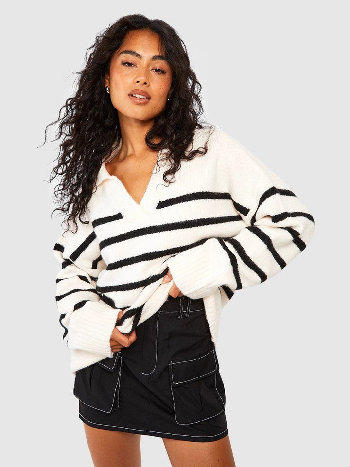 Damen Modischer Strickpullover mit V-Ausschnitt und Streifenmuster