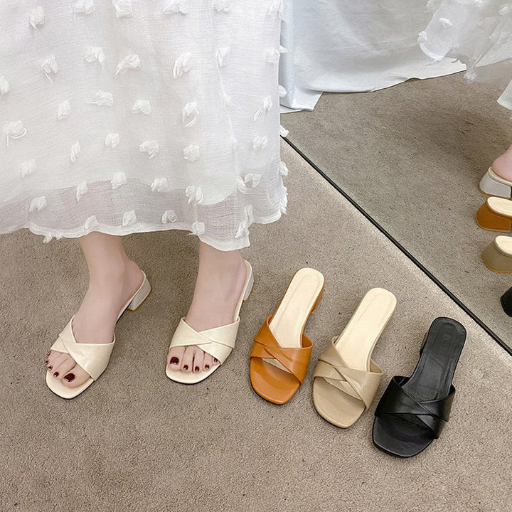 Damen elegante Mules mit gekreuzten Riemen und Blockabsatz Drune