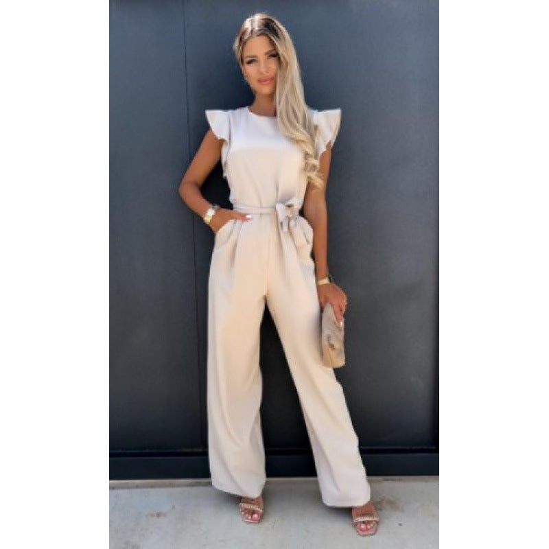 Frauen Fließender Weitbeiniger Jumpsuit mit Rüsche Ärmel Drune