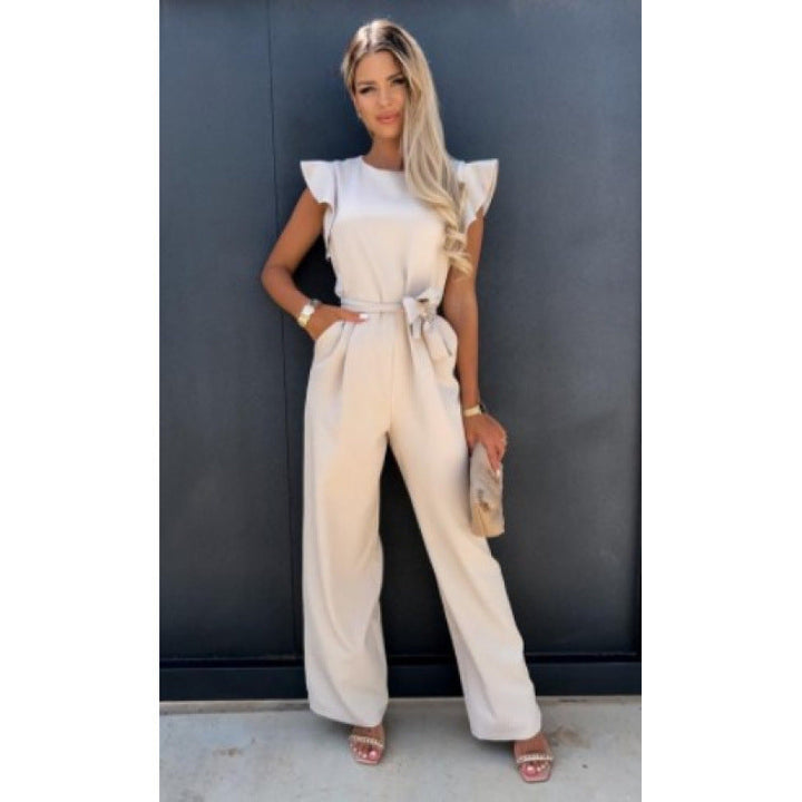Frauen Fließender Weitbeiniger Jumpsuit mit Rüsche Ärmel Drune