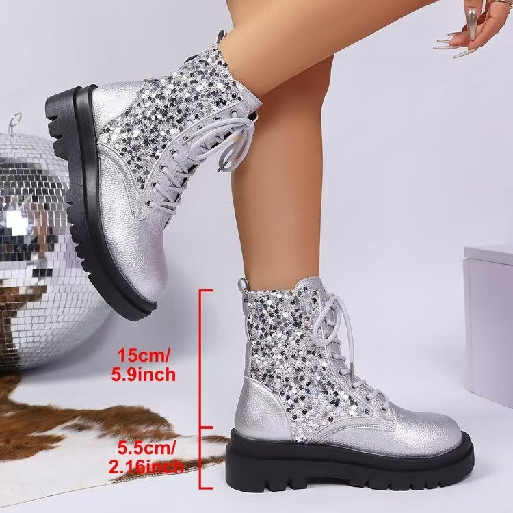 Damen nan glitzernde Schnür-Bikerboots mit robust profilierter Sohle und metallisch genarbter Oberfläche Drune