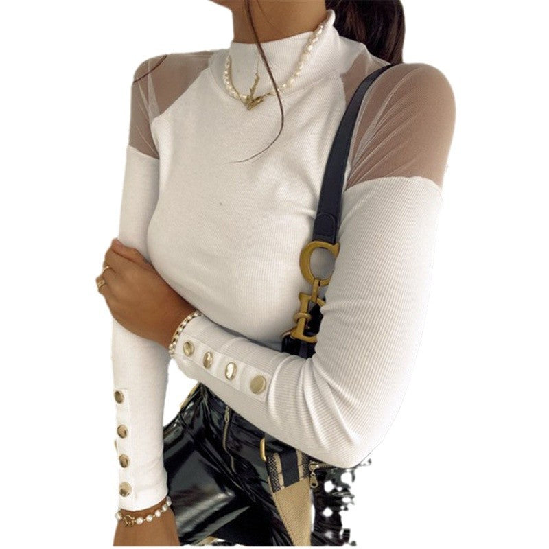 Damen Langarmshirt mit transparenten Ärmeln und Knopfdetails Drune