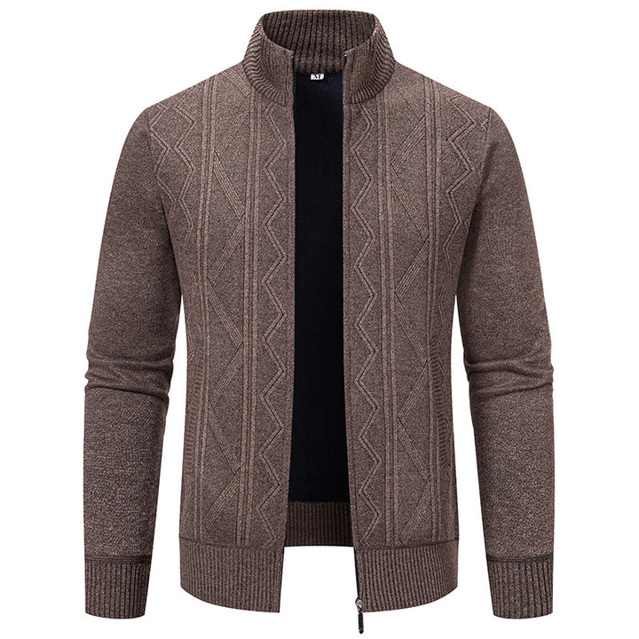 Herren nan Strickzipcardigan mit Stehkragen, geometrischem Strukturmuster und verdeckten Eingrifftaschen Drune