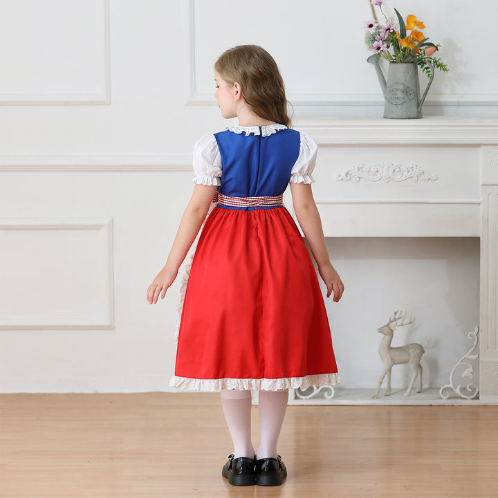 Damen nan traditionelles Kinder-Dirndl Kleid mit geraffter Schürze und Spitzenbesatz Drune