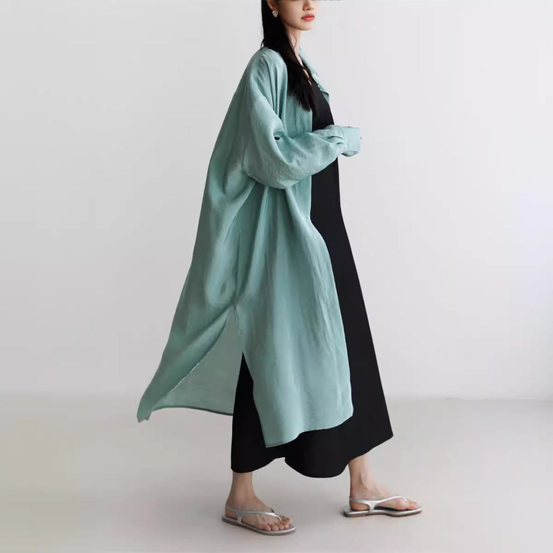 Damen Langer Satin‑Effekt Duster mit Stehkragen, Oversize‑Schnitt und tiefen Seitenschlitzen Drune