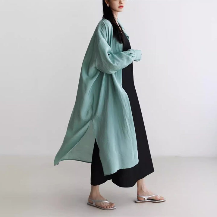 Damen Langer Satin‑Effekt Duster mit Stehkragen, Oversize‑Schnitt und tiefen Seitenschlitzen Drune