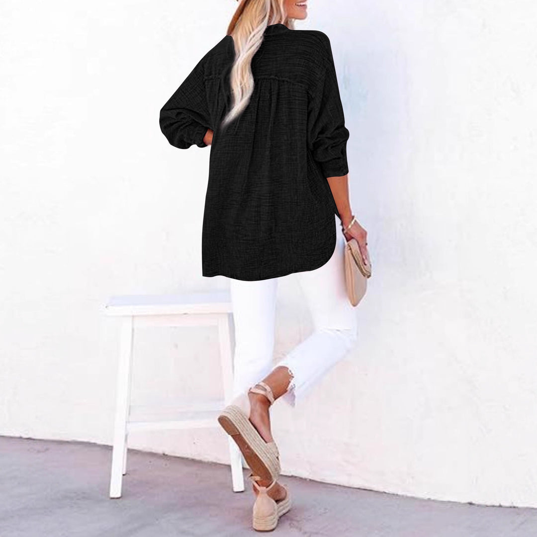 Damen Oversize Texturierte Baumwollbluse mit Henley-Knopfleiste Drune