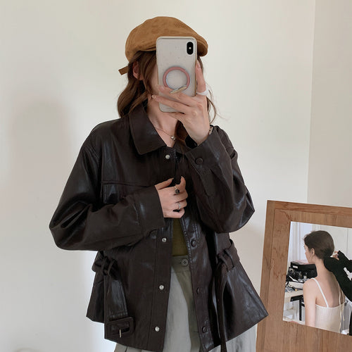 Damen Kurze Oversize-Lederjacke mit Taillenzug und Druckknopfleiste Drune
