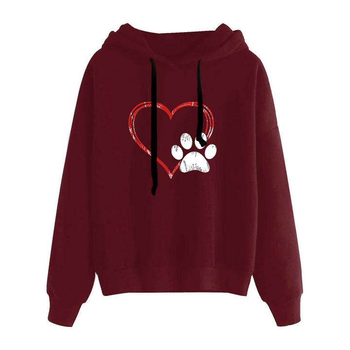 Damen nan lässiger Oversize Kapuzenpullover mit Herz‑und‑Pfotenprint, Kordelzug und gerippten Bündchen Drune