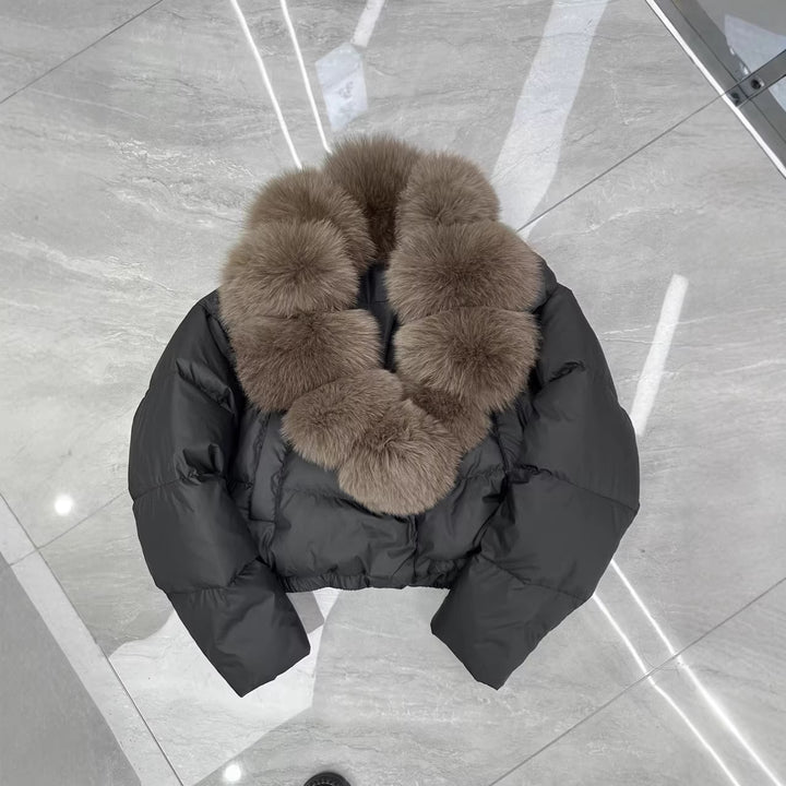 Damen nan kurz geschnittene Boxy-Pufferjacke mit extra großem Webpelzkragen und formstabilem Saum Drune