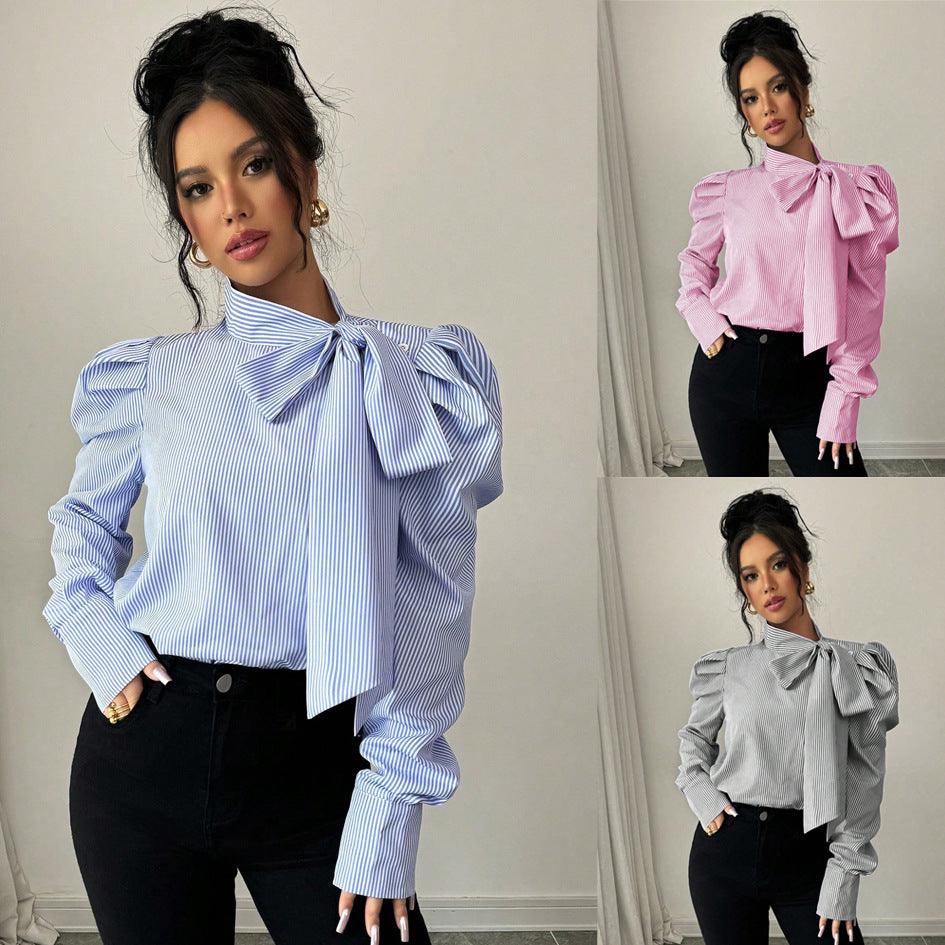 Damen Popeline-Bluse mit Stehkragen, großem Schleifenband und Ballonärmeln Drune