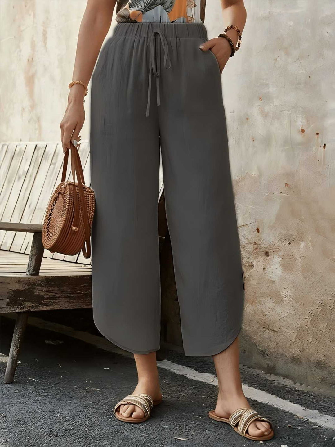 Damen luftige Leinenhose mit elastischem Bund und praktischen Taschen Drune