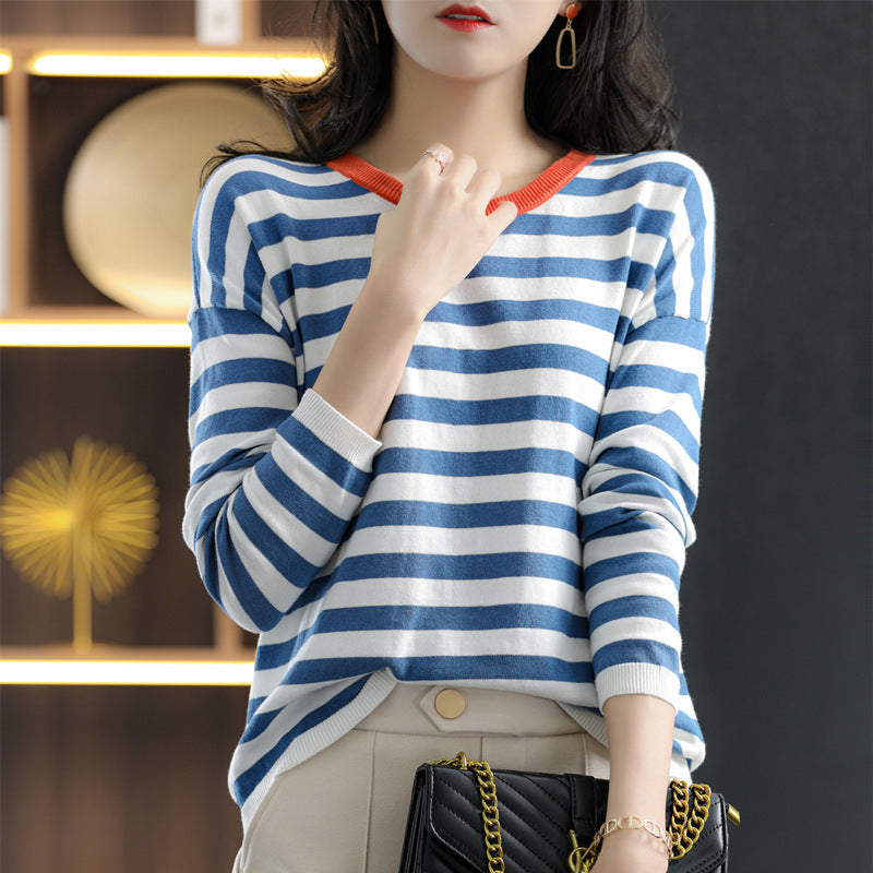 Damen Maritim-inspiriertes gestreiftes Feinstrick-Shirt mit weitem Boot-Ausschnitt und Kontrastkante Drune