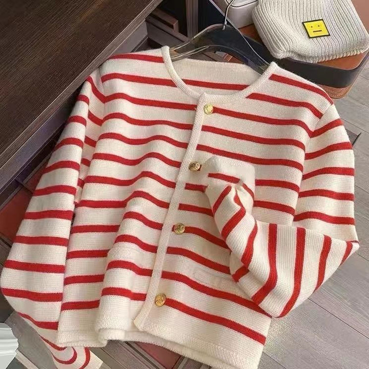 Damen modische Strickjacke mit strukturiertem Streifenmuster und eleganten Knöpfen Drune