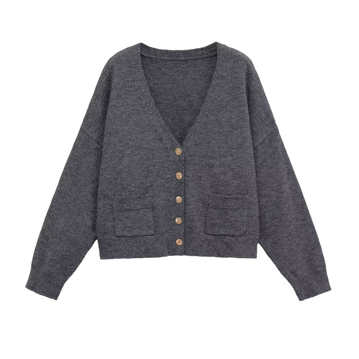 Damen lässige Strickjacke mit tiefem V-Ausschnitt und großen Taschen Drune