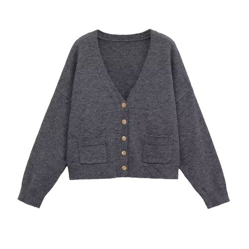 Damen lässige Strickjacke mit tiefem V-Ausschnitt und großen Taschen Drune