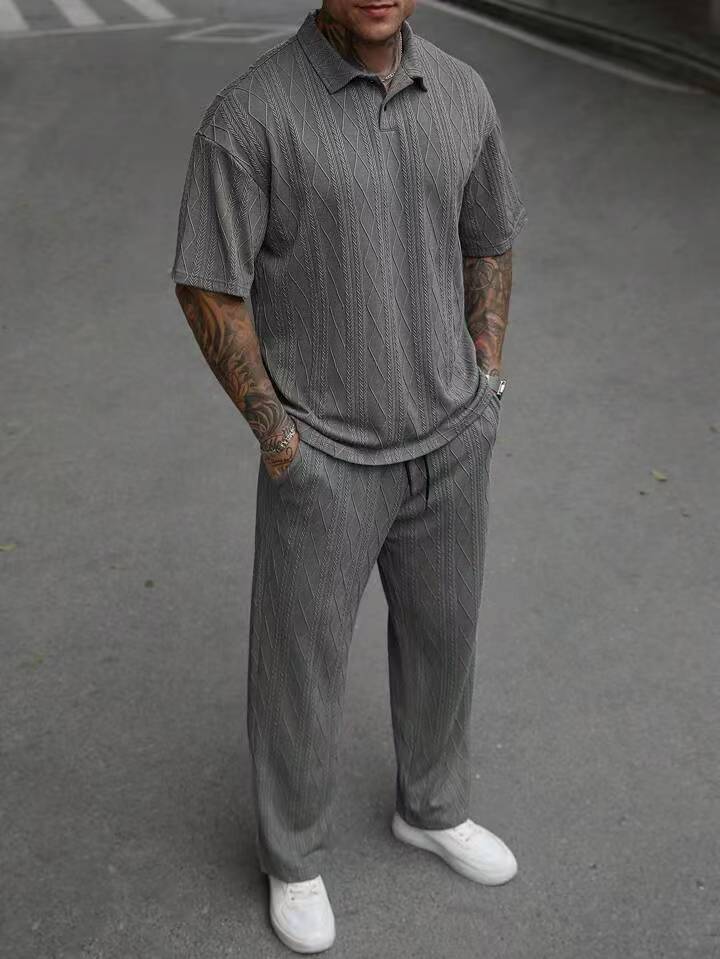 Herren Gemütliches Kabelstrick-Polo und Hosen-Set Drune